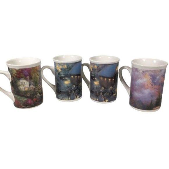 Thomas Kinkade Coffee Cups Mugs 4" Christmas Winter Horse Sleigh Lot Set of 4 - Picture 10 of 10